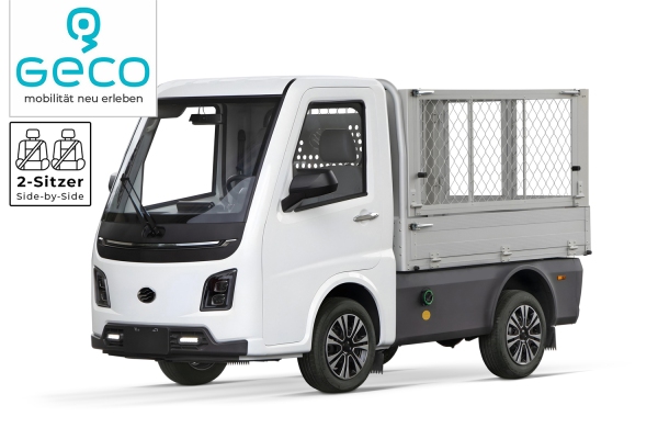 GECO Prime Cargo gXP Elektro-Kipper 14,8 kW PMSM 89,6V 230Ah LiFePO4 mit Gitteraufsatz & Anhängerkupplung