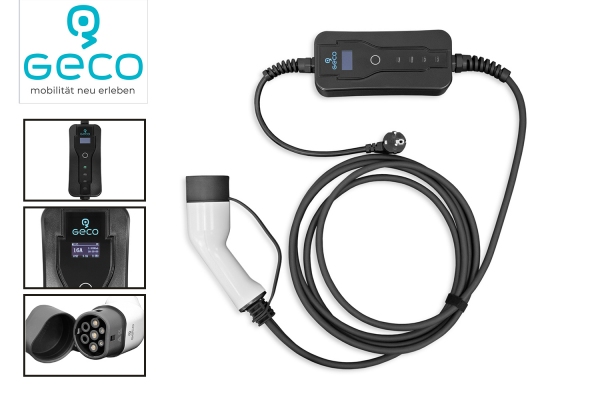 Geco EV Ladegerät 1Ph 230V 16A Typ 2 auf Schuko mit LED Display